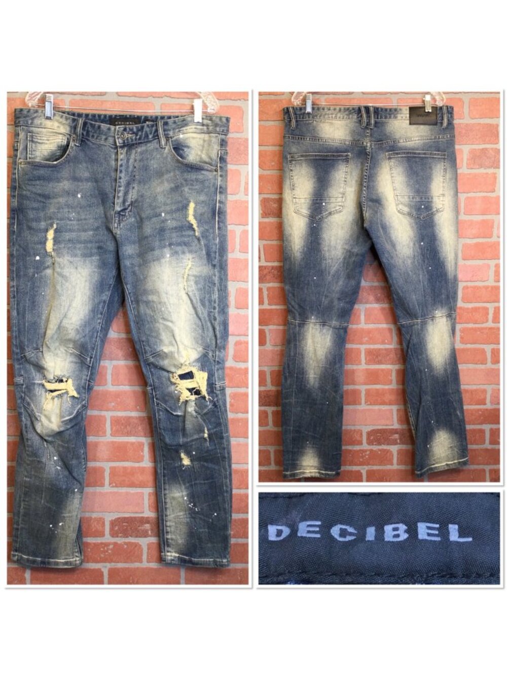 Decibel Mens Distressed Jeans 36x32 Ripped Knees Paint Splatter Style